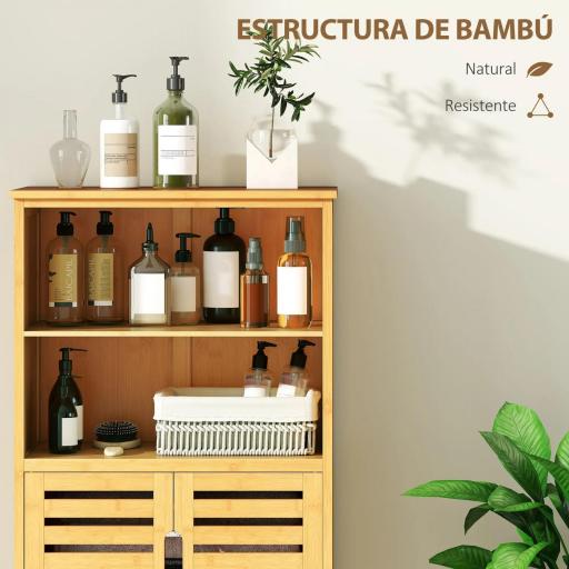 Mueble Auxiliar de Baño de Bambú Mueble de Baño con 2 Puertas 2 Estantes Abiertos y Patas Elevadas 50x29x92 cm Natural [7]