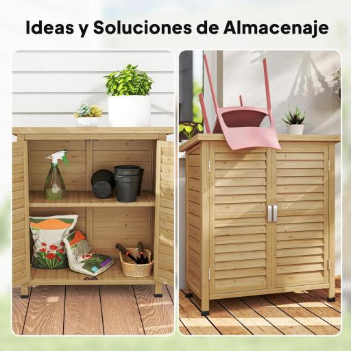 Armario para Terraza de Madera con 2 Estantes Interiores 2 puertas de Buena Ventilación y Techo Inclinado para Exterior 87x46,5x96,5 cm Madera Natural [5]