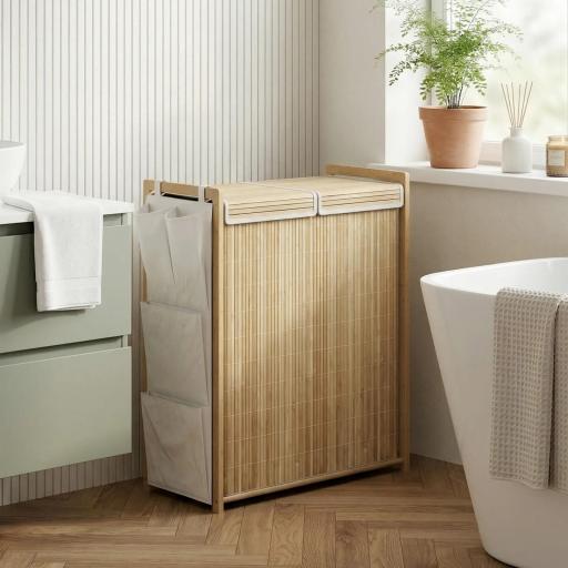 Cesto de Ropa Sucia de Bambú con Tapa 120L con 2 Bolsas con Cordón Extraíbles y Lavables Bolsillos Laterales Natural [3]