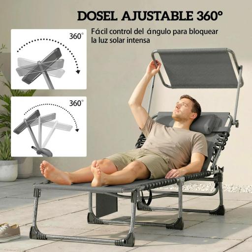 Set de 2 Tumbonas Plegables con Reposacabezas Parasol Bolsillo Lateral y Respaldo Reclinable en 5 Posiciones Gris [2]
