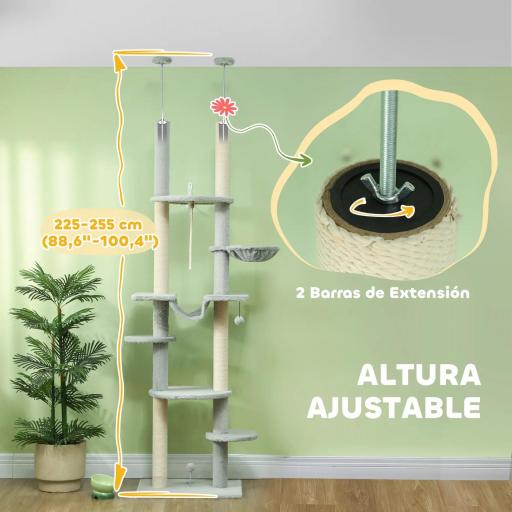 Árbol para Gatos de Suelo a Techo 225-255 cm con Hamacas Plataformas Juguete de Cuerda Bola de Juguete Gris [2]