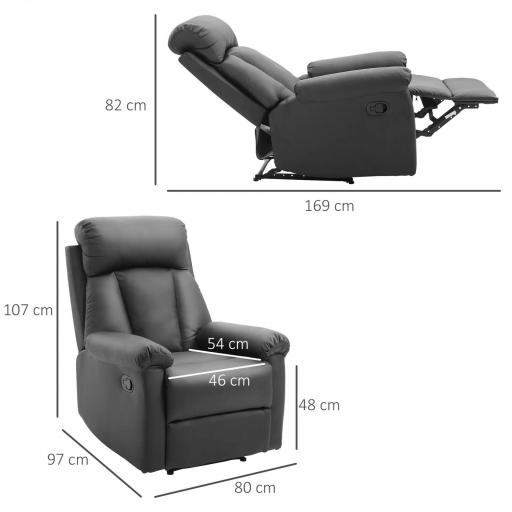 Sillón Relax Reclinable hasta 150° Tapizado en PU Butaca de Salón con Reposapiés Retráctil Respaldo Alto Resposabrazos para Dormitorio 80x97x107 cm Negro [1]