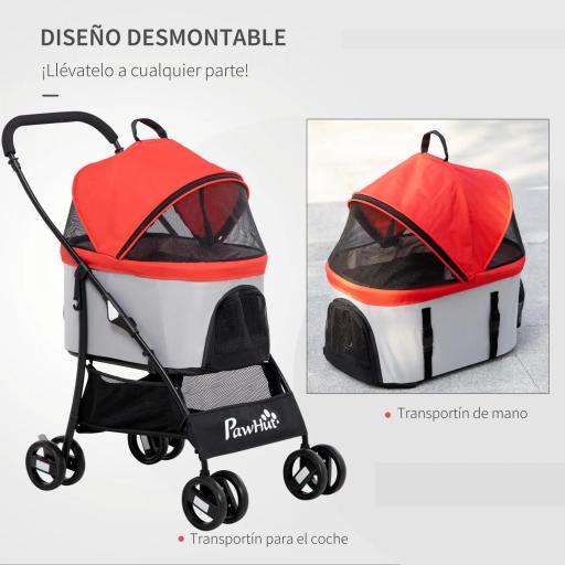 Carrito para Perros Pequeños 3 en 1 con Vagón Desmontable Cesta de Almacenaje Correas de Seguridad y Cojín Rojo [4]