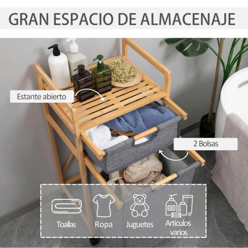 Cesto para Ropa Sucia Cesta para la Colada de Bambú con 2 Bolsas de Tela Extraíbles y Ruedas 42x35x84,5 cm Gris [3]