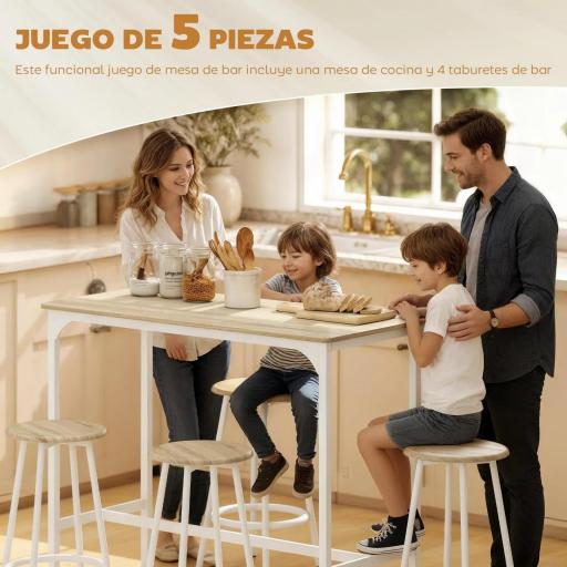 Set de Mesa de Bar y 4 Taburetes Estilo Industrial Marco de Metal para Cocina Salón Natural y Blanco [6]