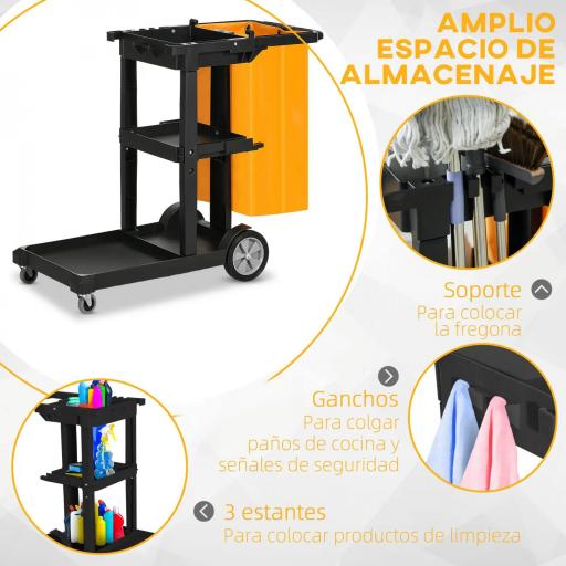 Carro de Limpieza con Bolsa con Ruedas y 3 Estantes Carro para Limpieza para Hotel 121x50,5x96,5 cm Negro y Amarillo [7]