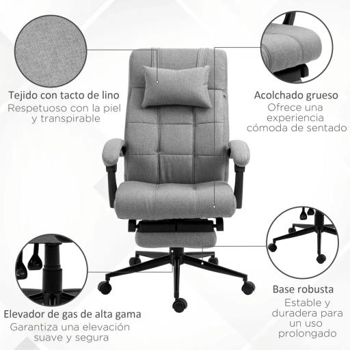 Silla de Escritorio Reclinable con Altura Ajustable Reposapiés Reposacabezas y Reposabrazos 66x76x112-120 cm Gris [3]