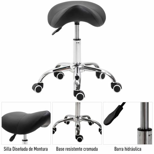 Taburete con Ruedas Taburete Giratoria con Altura Ajustable Taburete Cosmetica Dentista Peluqueria 52x53x49-61 cm Negro [5]