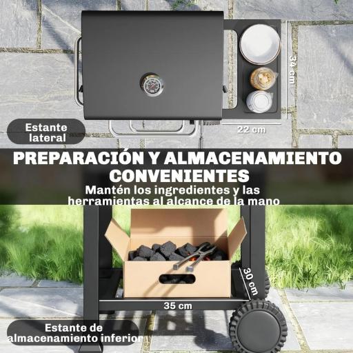Barbacoa de Carbón Portátil con Parrilla de Acero Inoxidable Estante Lateral Termómetro Bandeja y Ruedas Negro [4]