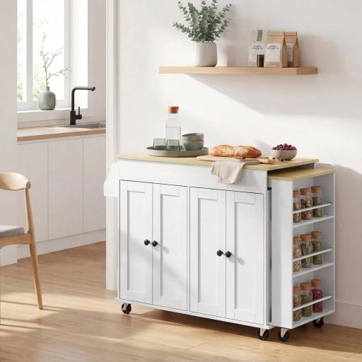 Isla de Cocina con Ruedas Encimera Extensible 4 Puertas Estantes Ajustables Especiero y Soporte para Toallas Blanco [5]