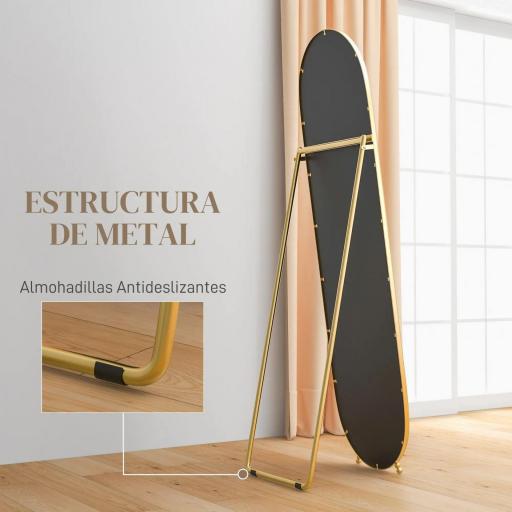 Espejo de Pie Cuerpo Entero Ovalado 160x40 cm con Marco Metálico 2 Formas de Uso Independiente y Apoyado Dorado [5]