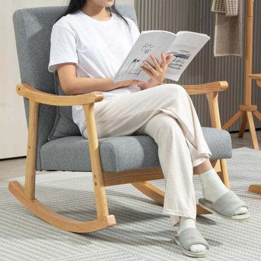 Silla Mecedora con Cojín Lumbar Respaldo Amplio y Base de Madera para Salón o Dormitorio 65x87x84 cm Gris Claro [2]
