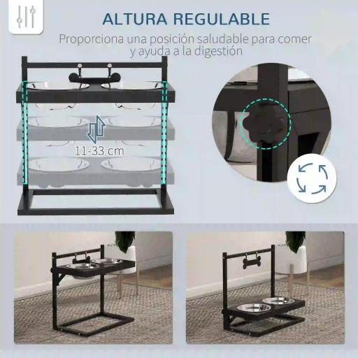 Comedero Elevado para Perros con 2 Tazones de Acero Inoxidable Altura Ajustable y 1 Placa de Metal 40,5x22x39 cm Negro [4]