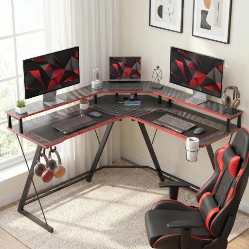 Escritorio Esquinero con Enchufes en Forma de L 128x128 cm con Soporte para Monitor Gancho y Portavasos Negro [7]