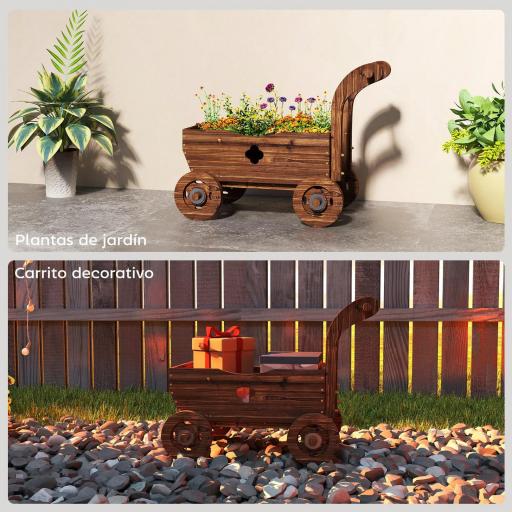 Carretilla de Madera Decorativa Jardinera Elevada con 4 Ruedas Asa Orificios de Drenaje 68x38x52 cm Carbonizado [5]