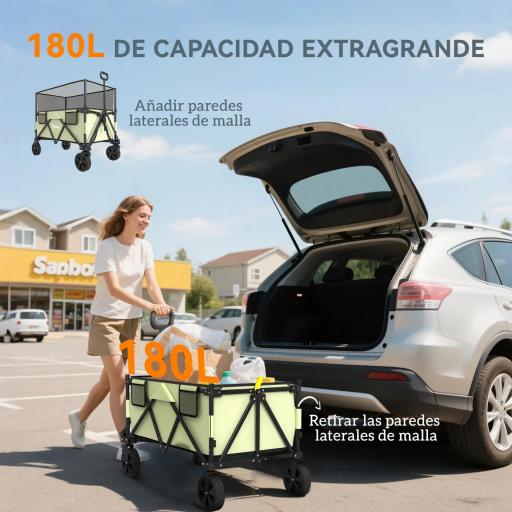 Carro Plegable 180 L con Longitud y Ángulo del Mango Ajustables y Paredes Laterales Extensibles Carga 120 kg Caqui [2]
