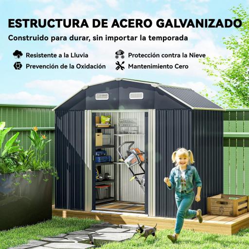 Caseta de Exterior Metálica 2,7 m² 238x132x198,5 cm con Base Estantes Ajustables 2 Puertas Corredizas y 2 Ventanas Gris [1]