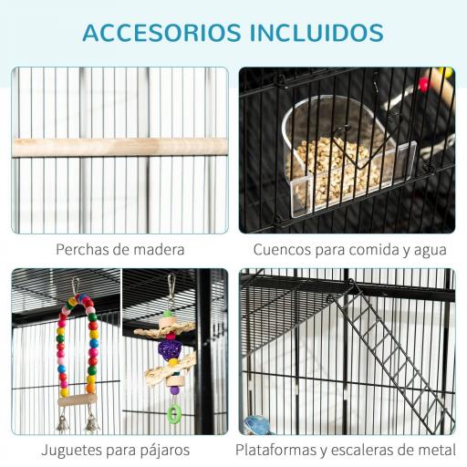 Jaula para Pájaros con Ruedas 83x53x180 cm Pajarera Metálica de 3 Niveles con 3 Perchas Comederos Juguetes Rampas Negro [4]