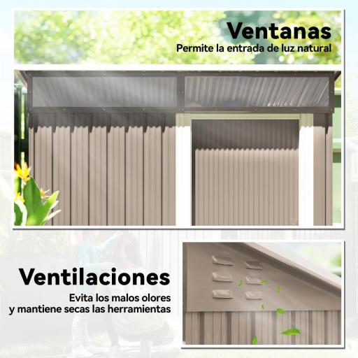 Caseta de Jardín Metálica con Puerta Corredera Ventanas y Ventilación para Almacenaje Exterior 195x122x159/182 cm Marrón [4]