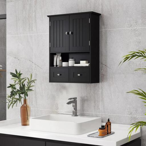 Armario de Baño de Pared Armario Colgante Mueble Suspendido de Baño con 2 Puertas y 2 Cajones 50,8x17,8x66 cm Negro