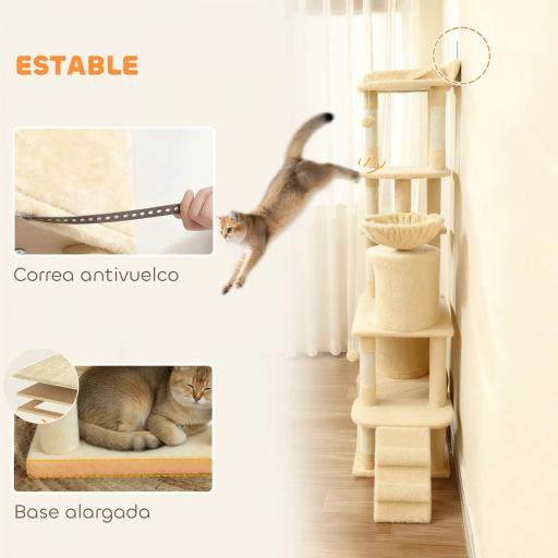 Árbol Rascador para Gatos Grande Altura 170 cm con 7 Postes 1 Túnel 3 Plataformas 2 Cuevas 1 Hamaca Beige [2]
