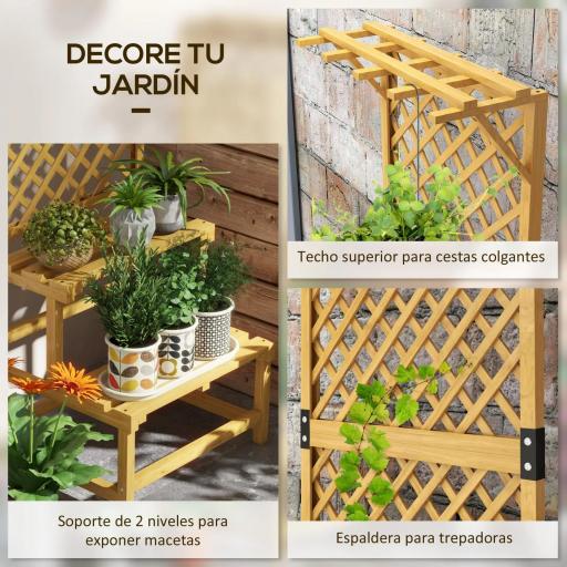 Soporte para Plantas de Madera Estantería para Plantas de 2 Niveles con Enrejado para Jardín Patio Terraza Natural [2]