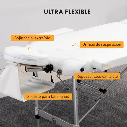 Camilla Masaje Plegable de Aluminio con Altura Ajustable 3 Zonas Reposacabezas Reposabrazos Blanco [7]