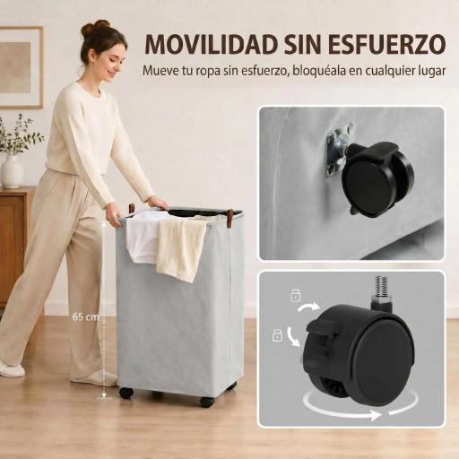 Cesto de Ropa Sucia con Tapa y Ruedas 50L Cesta de Ropa Sucia Plegable con Bolsa con Cordón Extraíble 40x30x65 cm Gris [5]