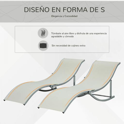  2 Tumbonas Plegables en Forma de S Ergonómica con Marco de Aluminio Texteline para Piscina Patio Jardín Terraza 165x61x63 cm Crema [5]