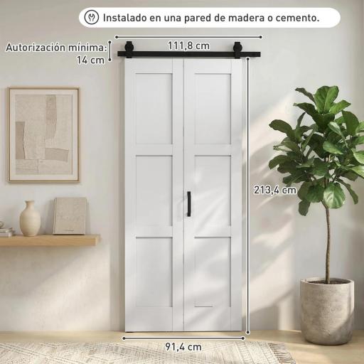 Puerta Corredera Plegable con Herrajes 91,4x213,4 cm con Rodillo Riel de Acero Guía de Suelo Manija Blanco [1]