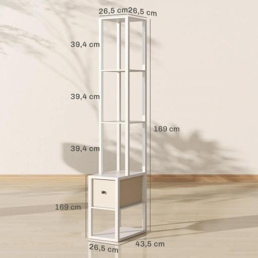 Lámpara de Pie Moderna con Estantes Abiertos Cajón de Tela e Interruptor de Pie para Dormitorio Sala de Estar Blanco [1]