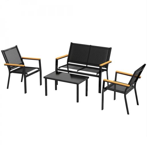 Conjunto Jardín Exterior de 4 Piezas con Sofá de 2 Plazas 2 Sillones Mesa de Cristal Templado Tela Textilene Negro [8]