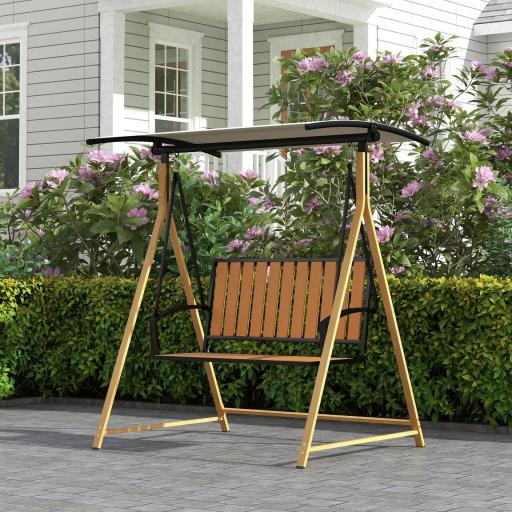 Balancín de Jardín Exterior de 2 Plazas con Toldo Ajustable y Estructura de Metal 142x112x162 cm Madera Natural y Beige [5]