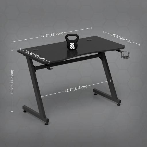 Mesa Gaming 120x65x74,5 cm Escritorio Ergonómico Gaming desk para Computadora PC con Portavasos Gancho para Auriculares y Pies Ajustables Efecto de Fibra de Carbono Negro [1]
