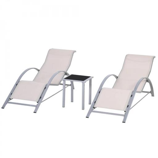 Set de 2 Tumbonas Jardín Exterior con Mesa Auxiliar de Vidrio Templado Tumbonas con Respaldo Reposabrazos para Patio Piscina Terraza Exterior Beige [9]