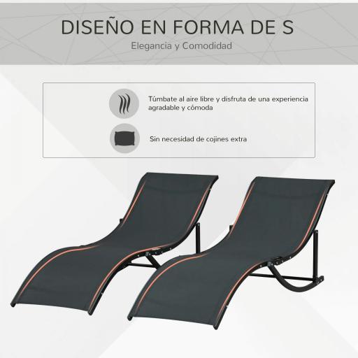  2 Tumbonas Plegables de Aluminio en Forma de S Ergonómica con Tela Texteline para Piscina Patio Jardín Terraza 165x61x63 cm Negro [2]