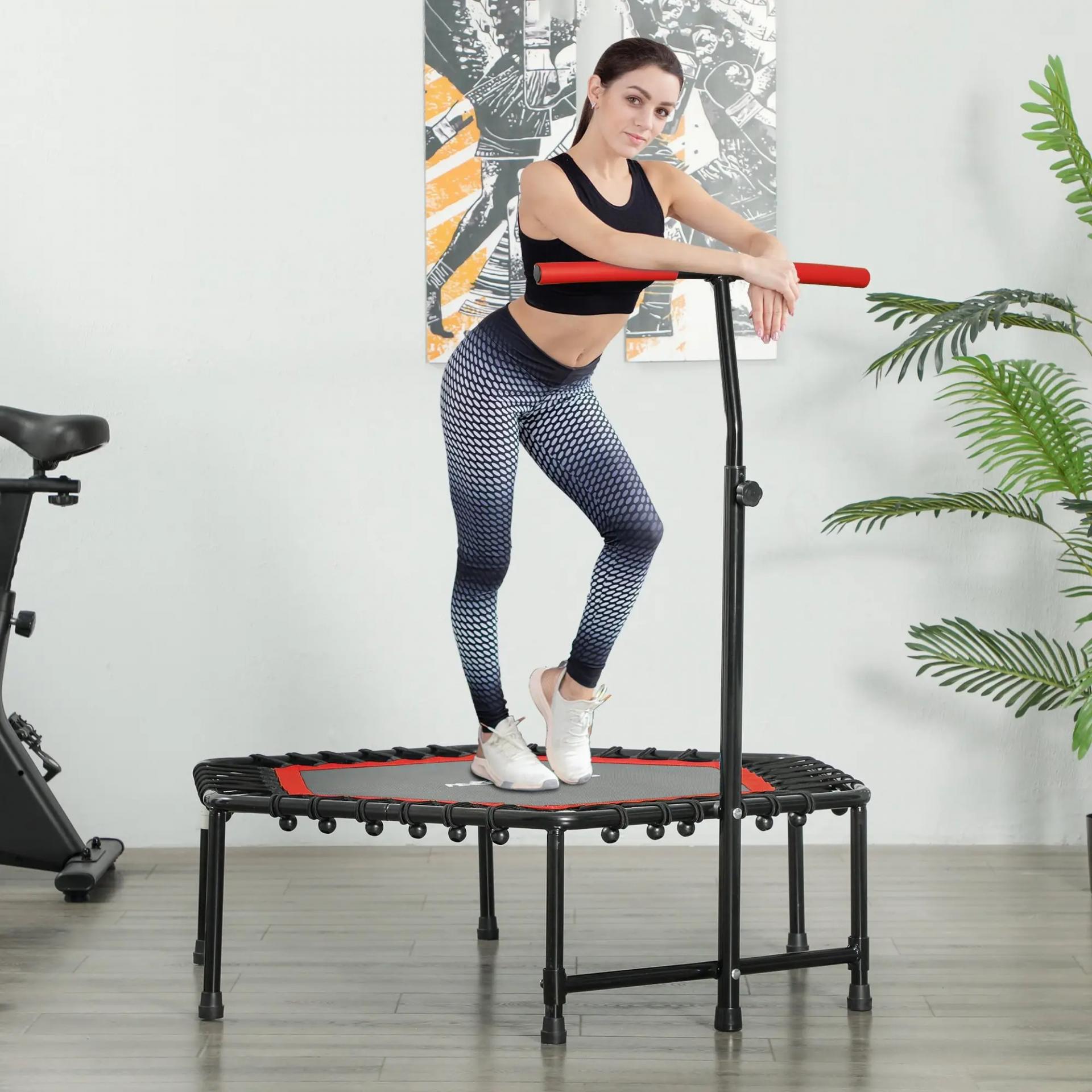 Trampolín de Fitness 114x114x132 cm con Mango Ajustable de 3 Niveles y Marco de Acero Rojo