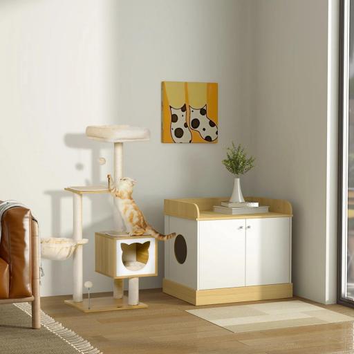 Casa para Gatos de Madera Mueble Arenero para Gatos 2 en 1 con Estante de Almacenaje Doble Puerta y Orificio de Entrada Lateral 75x53x67 cm Blanco y Roble [1]