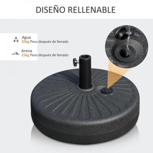 Base de Sombrilla de Jardín Rellenable de Agua 22 kg Soporte de Parasol Redondo Apto para Postes de 38mm/48mm Portátil para Terraza Patio Ø51x30,5 cm Negro [3]