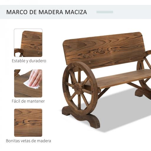 Banco de Exterior de Madera con Reposabrazos y 2 Ruedas Decorativas Estilo Rústico Carga 250 kg 114x58x80 cm Carbonizado [2]