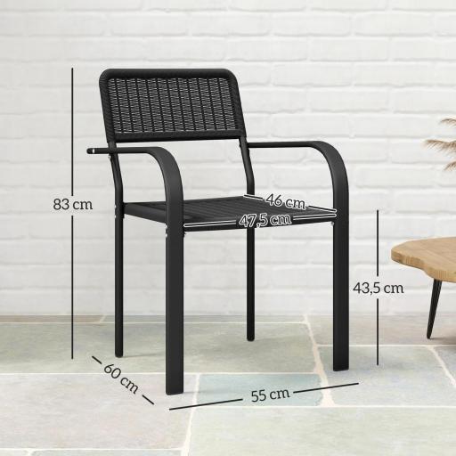 Juego de 4 Sillas de Jardín Exterior Apilables con Reposabrazos Respaldo y Marco de Acero 55x60x83 cm Negro [1]
