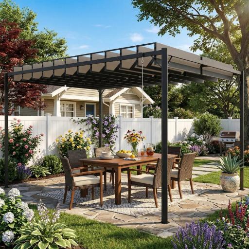 Pérgola de Jardín 3x4 m con Protección UPF 50+ Gazebo con Techo Ajustable Estructura de Metal para Exterior Gris Oscuro
