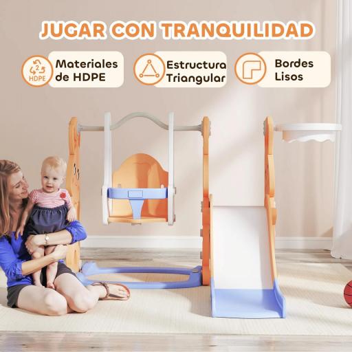 Tobogán Infantil con Columpio con Barandilla y Canasta 4 en 1 para Niños de +18 Meses 147,5x160x107 cm Naranja [1]