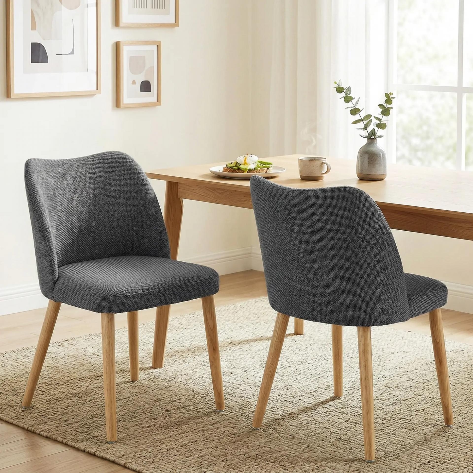 Pack de 2 Sillas de Cocina Nórdicas Tapizadas de Lino Respaldo Curvo Asiento Acolchado Patas de Madera Gris Claro