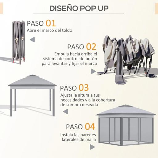 Carpa Plegable 3,3x3,3 m con Altura Ajustable Doble Techo 4 Mosquiteras Extraíbles y Bolsa de Transporte Anti-UV Gris [3]