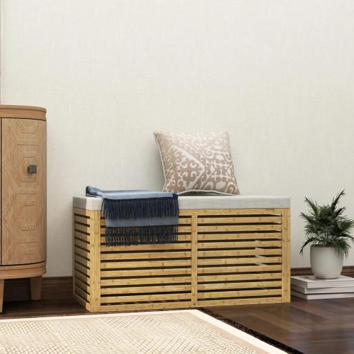 Baúl de Almacenaje 122L Tapizado en Lino Sintético con Cojín Marco de Bambú 90x42x43 cm Gris y Natural [3]