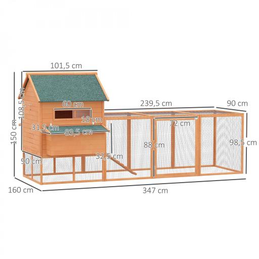 Gallinero de Exterior de Madera para 8-10 Gallinas con 2 Nidos Bandeja Extraíble y Rampa 347x160x150 cm Madera natural [1]