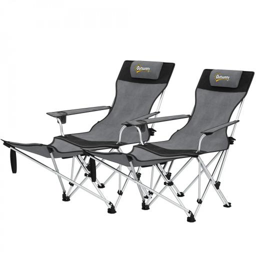 Conjunto de 2 Sillas Plegables Camping con Reposapiés Desmontable Reposacabezas Portavasos y Bolsa 125x48x90 cm Gris [9]