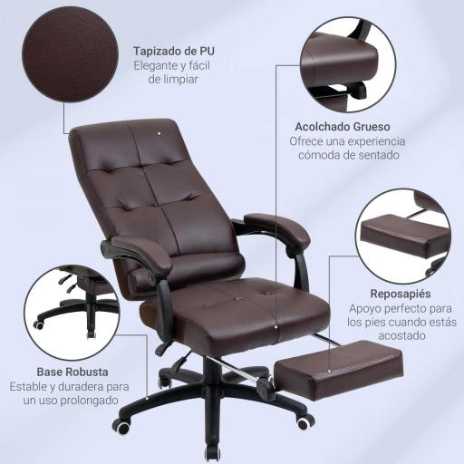 Silla de Oficina Giratoria Silla de Escritorio Reclinable Silla de Estudio Tapizada de PU con Altura Ajustable Reposabrazos Reposapiés 65x65x118-125 cm Marrón [2]