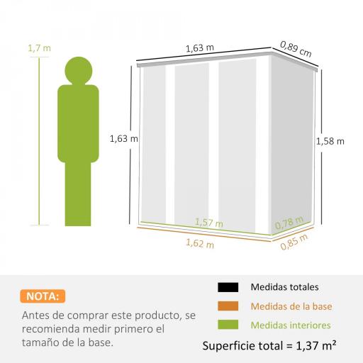 Cobertizo de Jardín Exterior Metálico 1,37 m² 163x89x163 cm con Techo Inclinado, Puertas con Pestillo y Guantes Marrón [1]